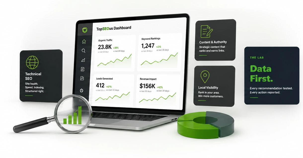 TopSEOus SEO dashboard showing organic traffic, keyword rankings, leads, revenue impact, technical SEO, content authority, and local visibility